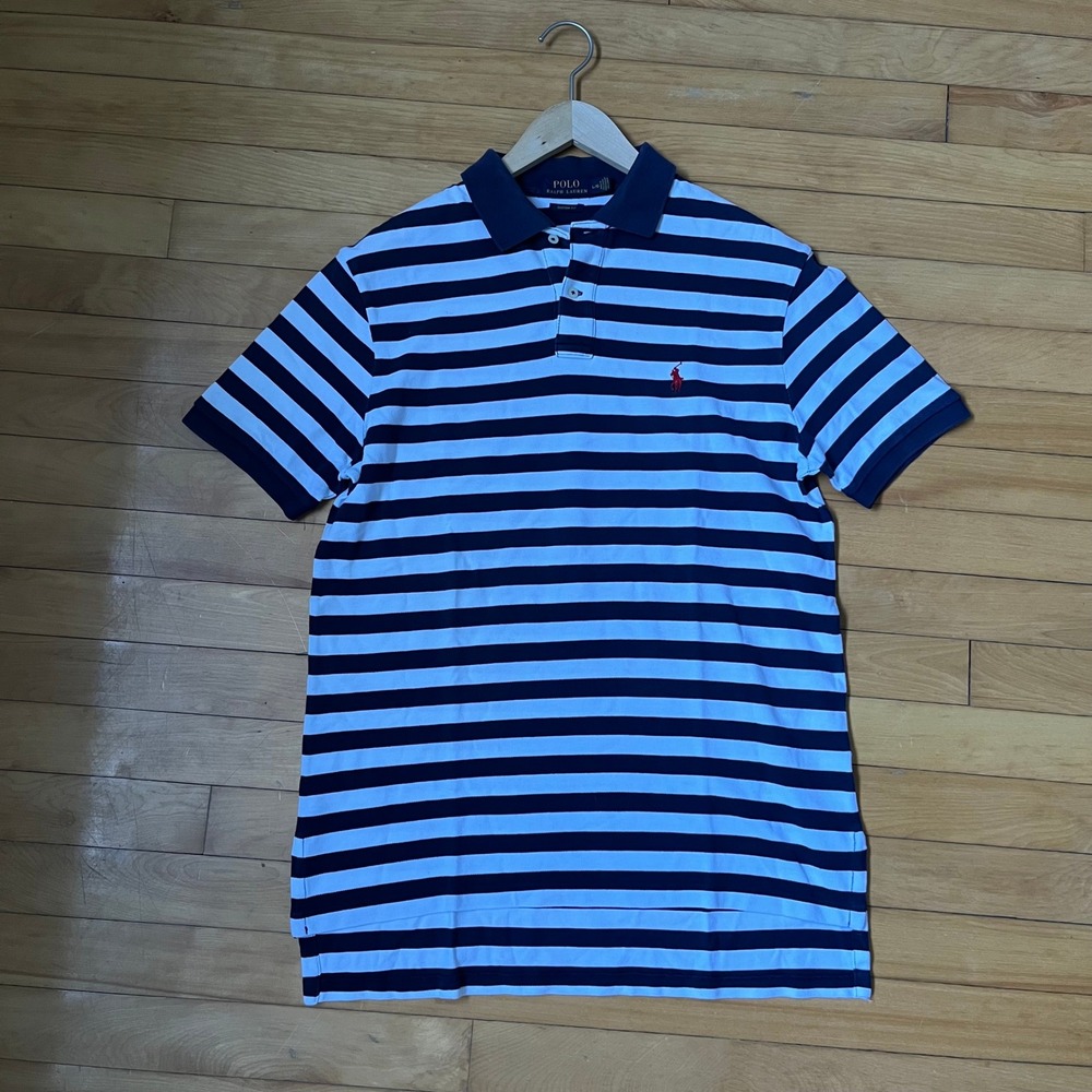 Polo Ralph Lauren Mens L Custom Fit Navy White Striped Short Sleeve Polo Shirt